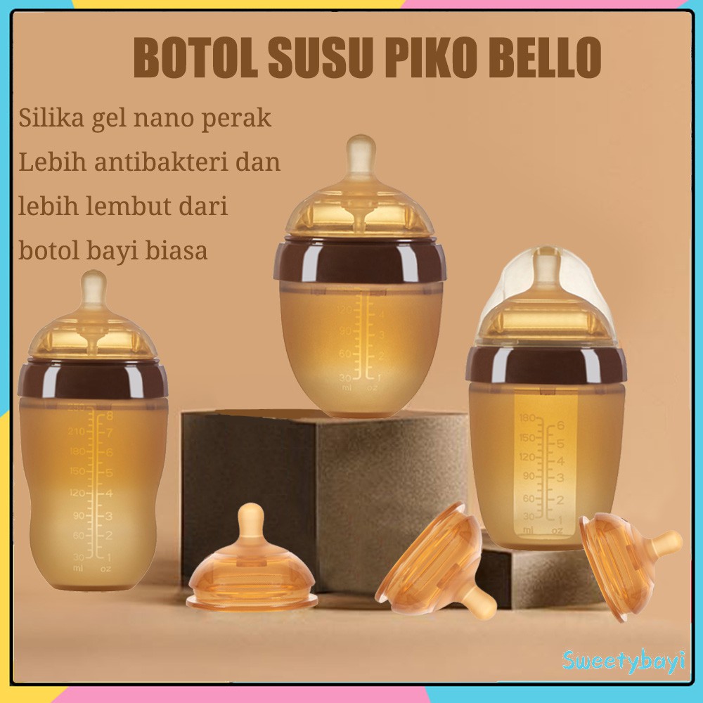 Piko Bello Botol susu Bayi Silikon Leher Lebar botol dengan sedotan