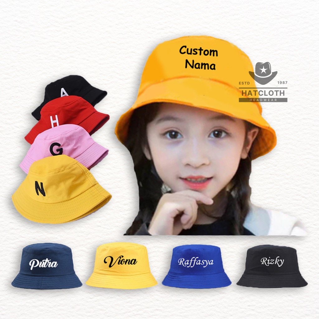 Topi Bucket Hat Anak Custom Bordir Nama Bahan Drill