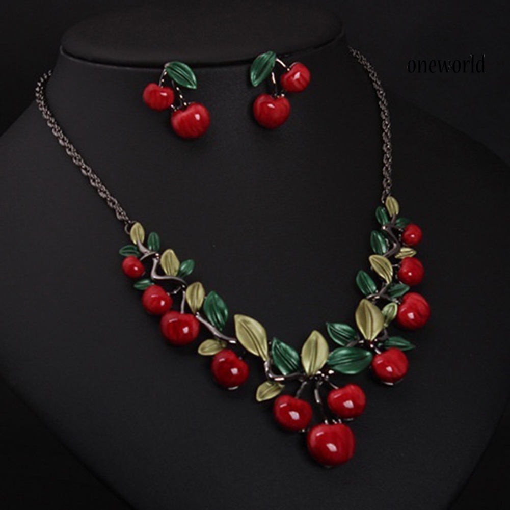OW@ 1 Set Vintage Red Cherry Fruit Jewelry Set Chic Bridal Necklace Earrings