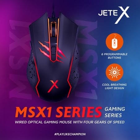 JETE MSX1 Mouse Gaming RGB Hitam, DPI 3600, Universal Ergonomis