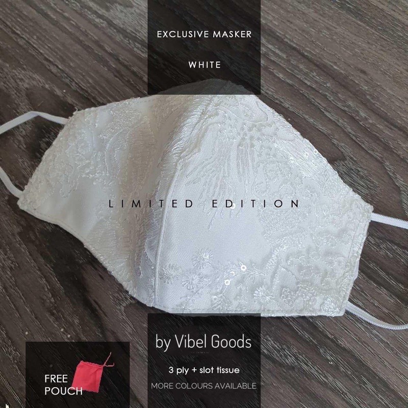 Masker Kain Brokat Premium Pesta 3ply | Pengantin Putih Brokat White