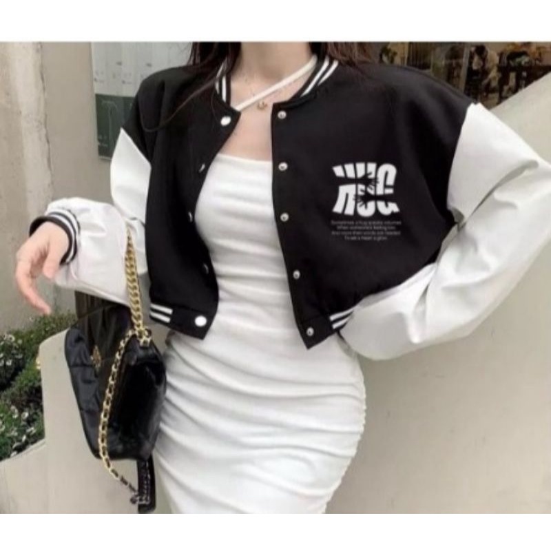 HUG Baseball Crop Wanita | Jaket Wanita Varsity Hug Baseball | Jaket Style Korean