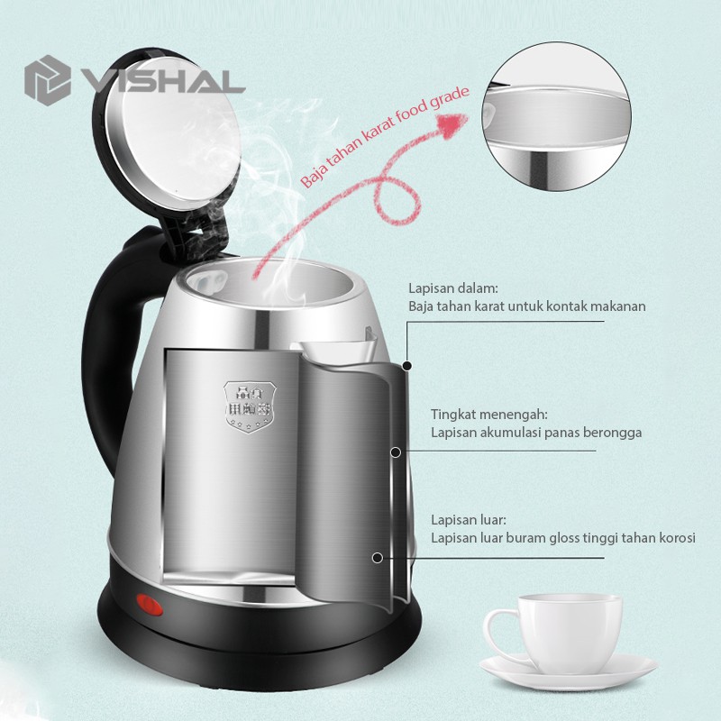 VISHAL Teko listrik 2L / Pemanas Air /Kettle Electric Stainless Pembuat Kopi Teh VS-1801