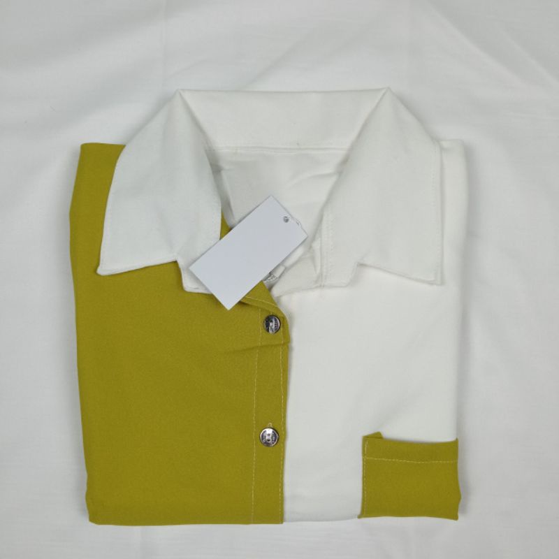 Atasan Blouse Kemeja Wanita Polos Basic Casual Kombinasi Warna Lengan Panjang Kekinian Korean Style Model Pinguin-4