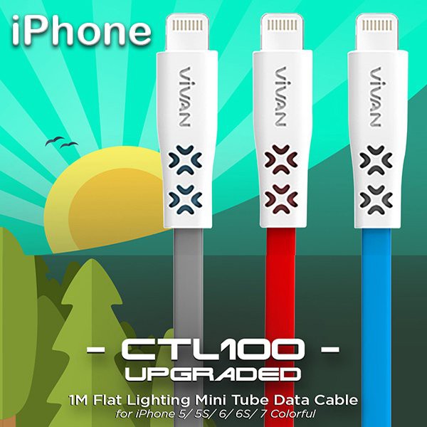 Kabel Data Charger Vivan CTL100 Lighting Untuk iPhone 5 5S 6 6S 7 with Mini Tube 1M Flat Diskon