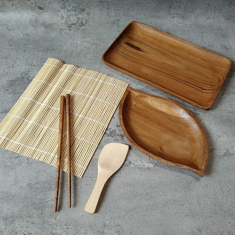 ARUNA SUSHI TRAY SET - Tray Kayu/Piring Kayu/Sumpit Kayu/Tikar sushi