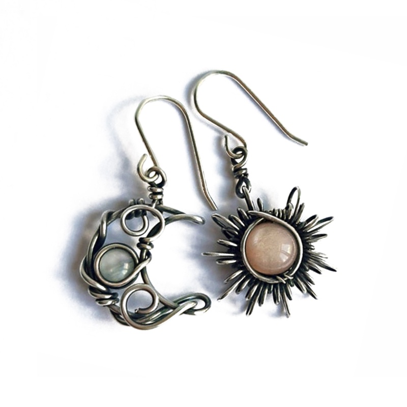 SIY  Antiqued Silver Sun and Moon Hook Earrings Bohemia Celestial Moonstone Dangle Drop Earrings Women Boho Fashion Jewelry
