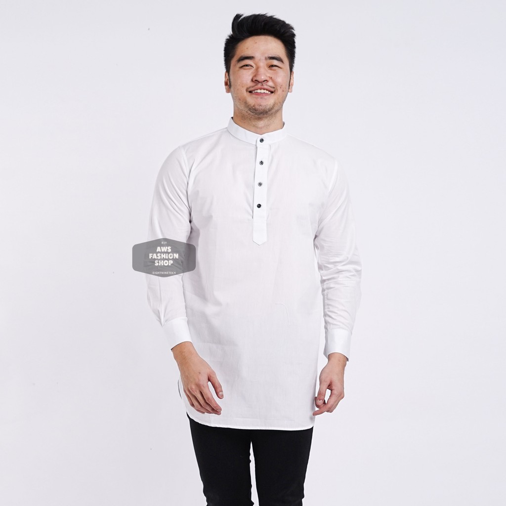 Kemeja Kurta Lengan Panjang Pria Cowok Putih White Polos Kerah Shanghai Ada Big Size