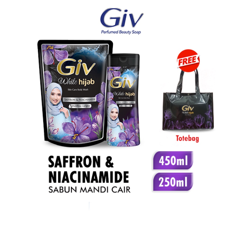 GIV White Hijab Sabun Mandi Cair Saffron & Niacinamide Pouch 450ml + GIV White Hijab Sabun Mandi Cai