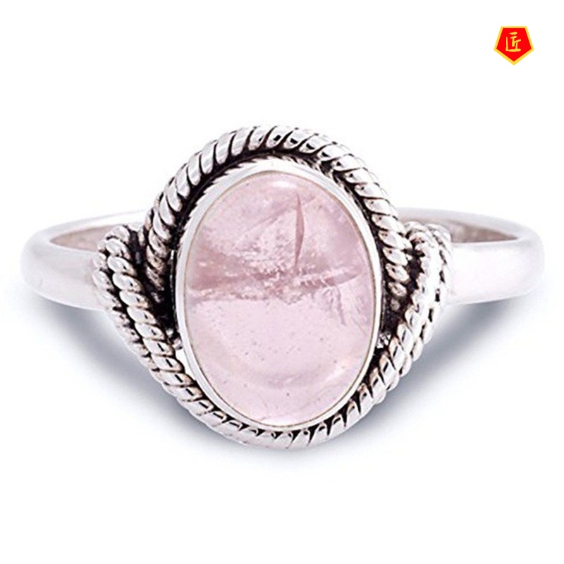 [Ready Stock]Inlaid Ross Quartz Pink Crystal Ring Women's Retro Silver