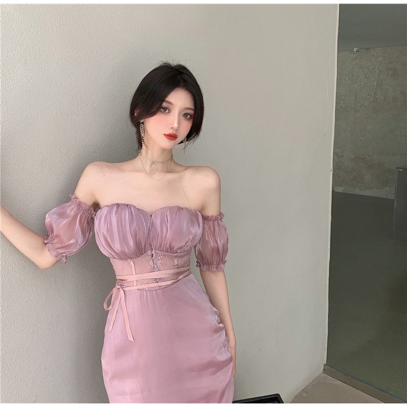 Suhao Gaun Musim Panas Desain Kematangan Cahaya Perancis Baru String Straight Shoulder Bubble Sleeve Gaya Chiffon Dress Wanita Listen