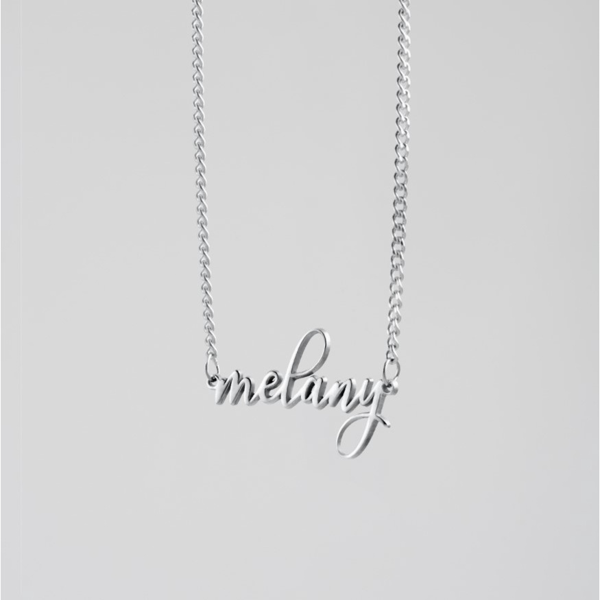 Model Melany | Kalung Titanium Wanita Liontin Ukir Nama Lapis Emas Anti Karat ( Personalized Name Necklace Custome &amp; plated Gold )