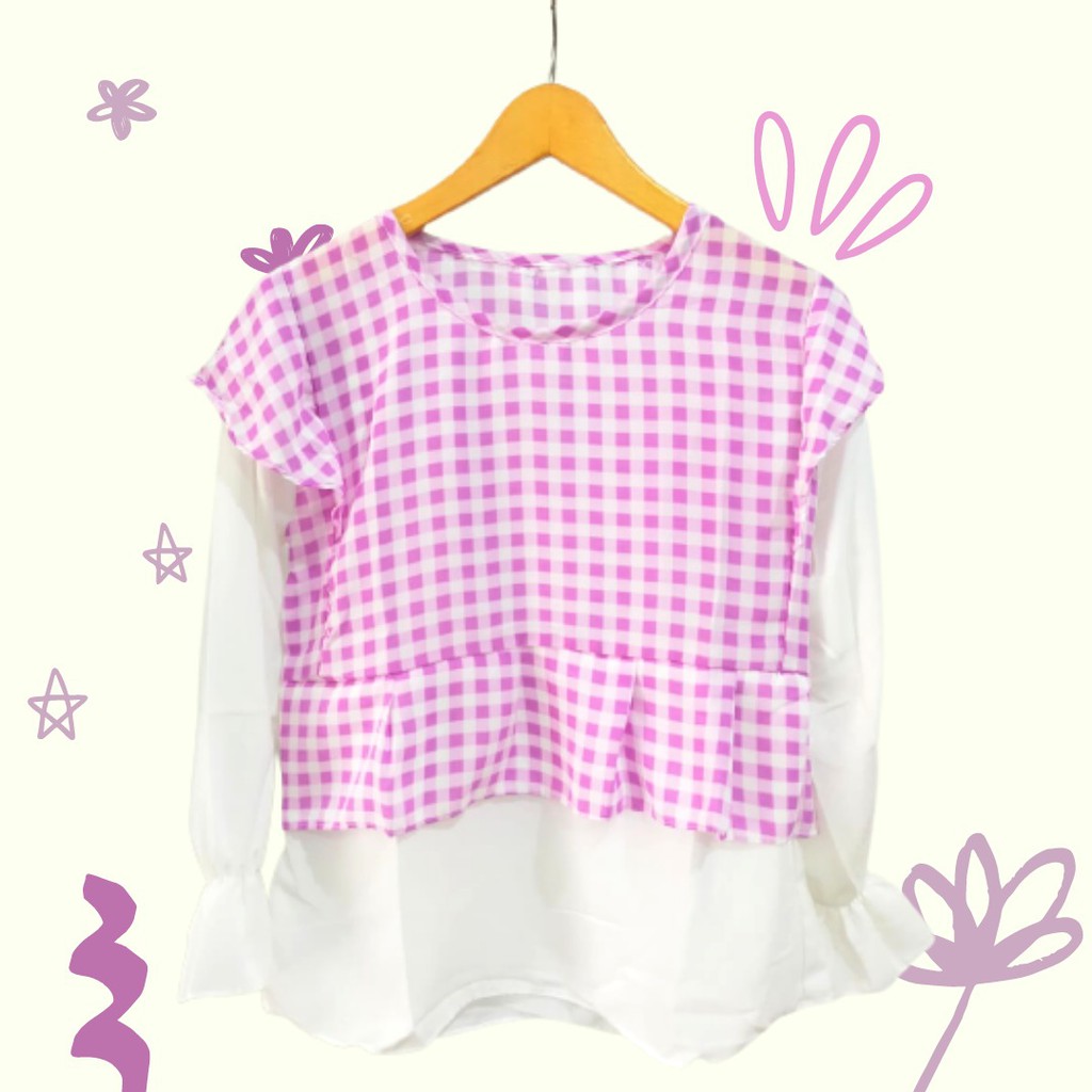 Tiara gingham top kombinasi / 2tone gingham shirt / atasan wanita cantik