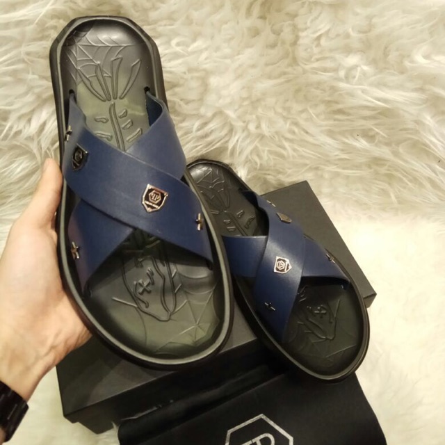 Jual Sandal Slop Pria Fashion Branded Sendal Flat Cowok Kulit Murah Mirror Quality Philipp Plein