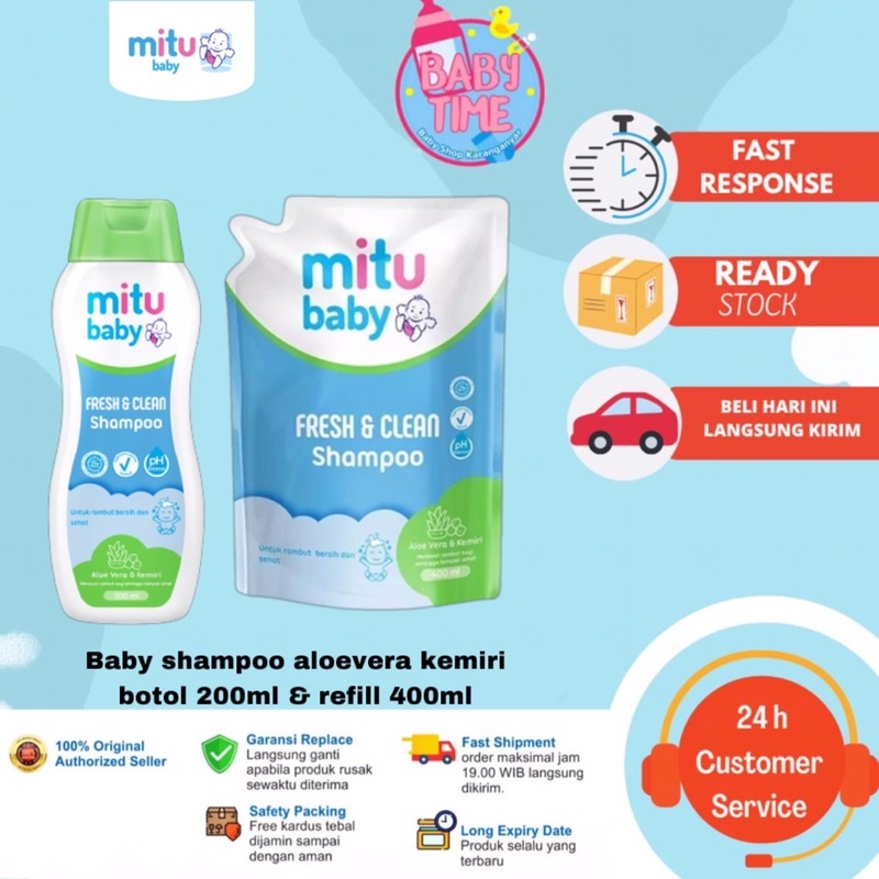 Mitu Baby Shampoo Fresh &amp; Clean aloevera kemiri botol 200 ml  &amp; Refill 400 ml -Sampo Bayi