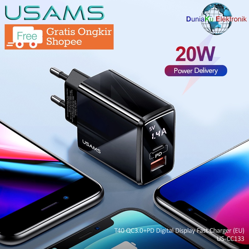 Adaptor USAMS T40 Dual Port Digital Display 20W Fast Charger Original