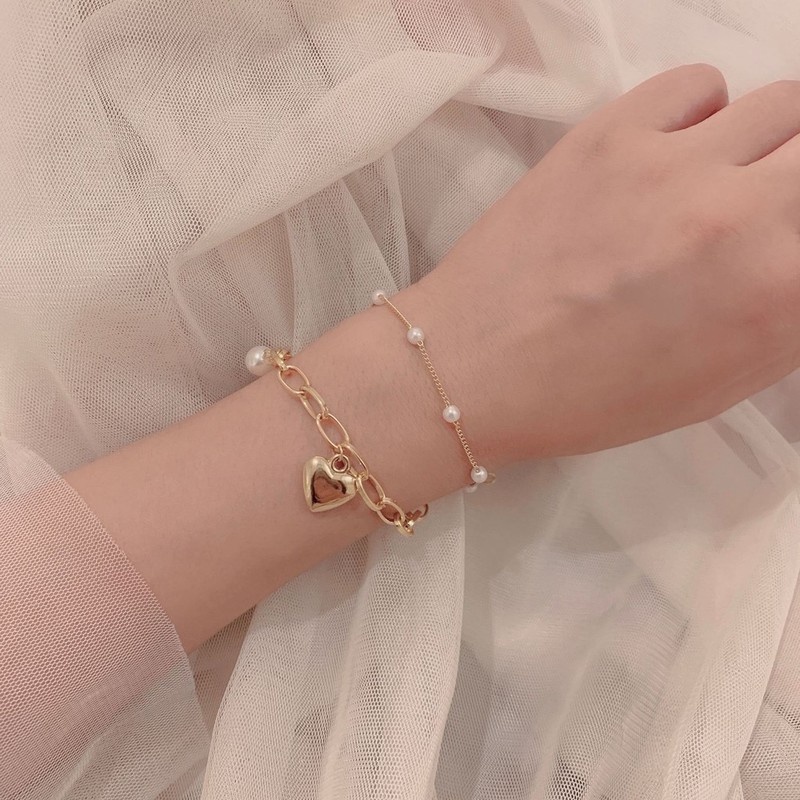 Gelang Mutiara Double Layer Bentuk Hati Gaya Korea Bohemian Untuk Wanita