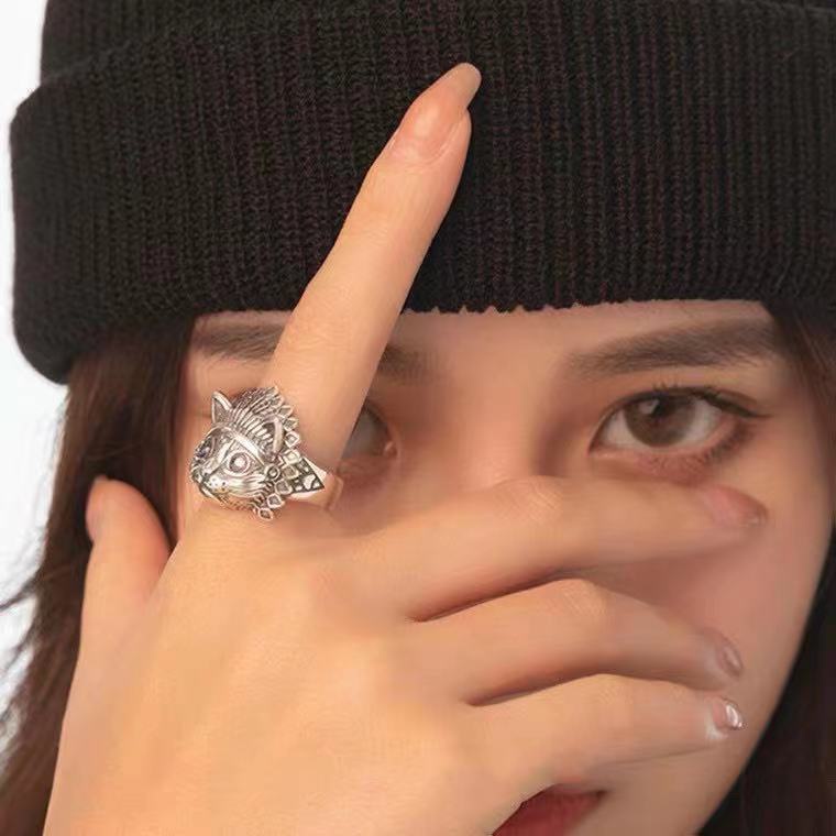 Cincin Model Terbuka Desain Kepala Kucing Indian Gaya Vintage Hip Hop Untuk PriaCincin Untuk Wanita