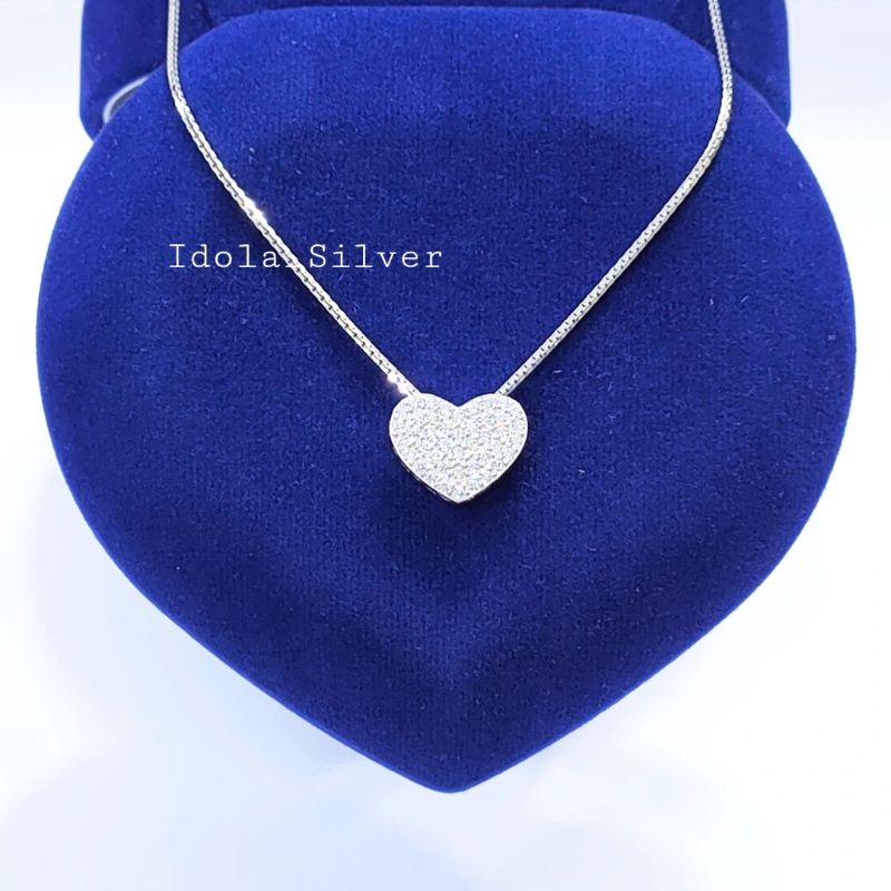 SET KALUNG PERAK ASLI SILVER WANITA 925 LAPIS EMAS PUTIH MODEL LIONTIN LOVE LANGSUNG PERMATA FULL - PERHIASAN PERAK WANITA