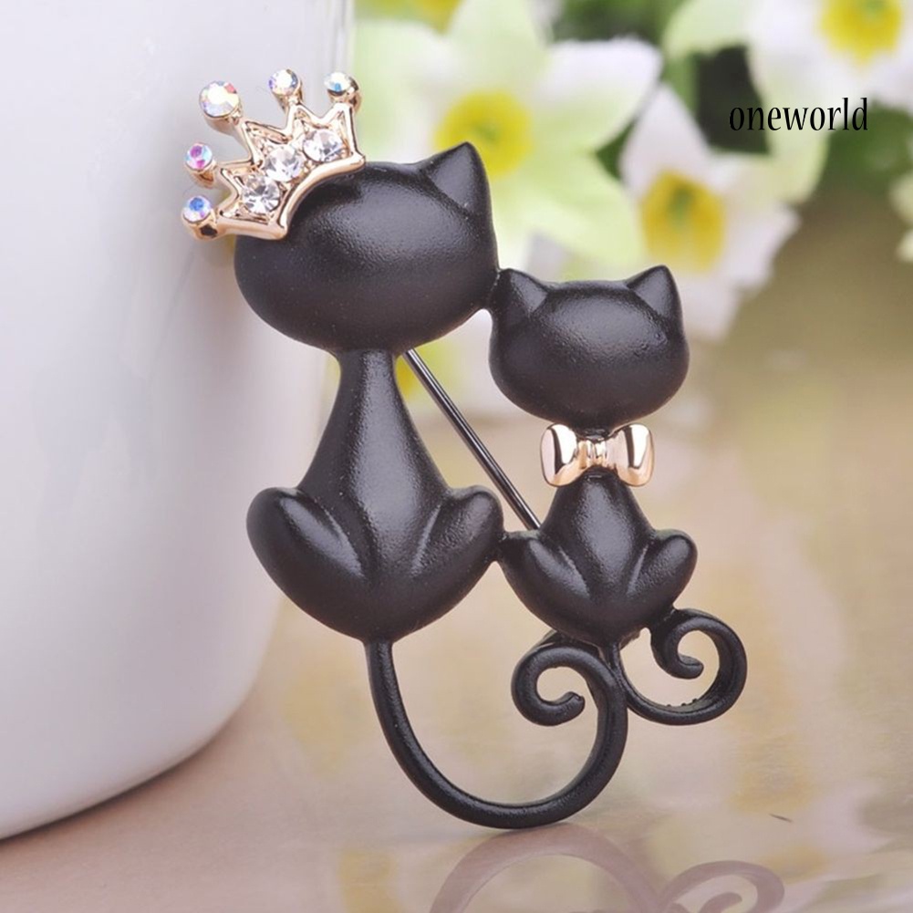 OW@ Women Rhinestone Inlaid Cat Crown Brooch Pin Badge Clothes Decor Jewelry Gift