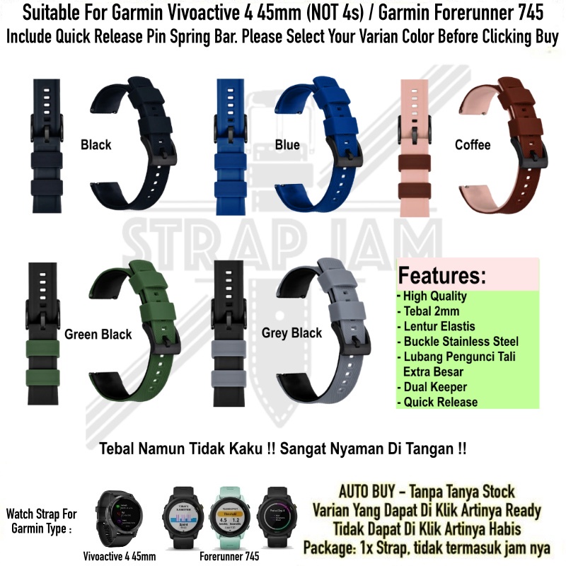 HNN Strap Garmin Vivoactive 4 45mm / Forerunner 745 - Tali Jam Tangan 22mm Rubber Lentur Nyaman