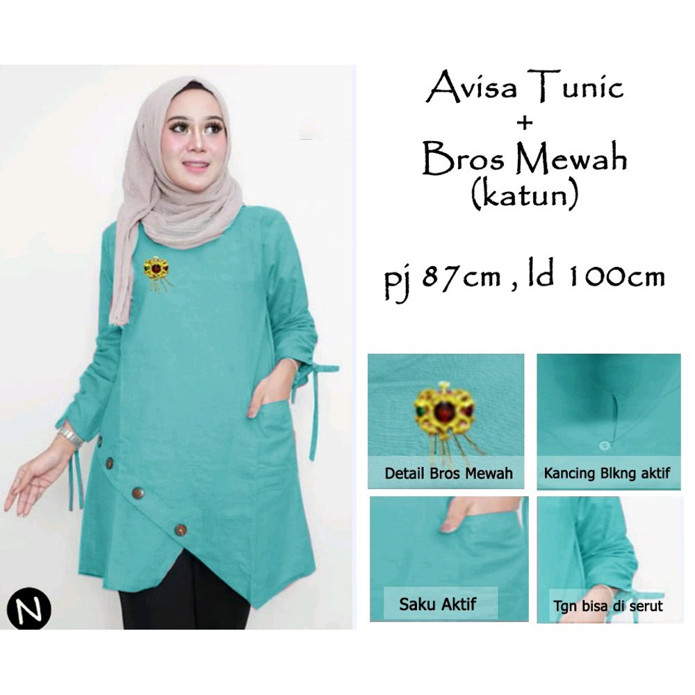 CN 66130 avisa tunik kemeja hijab  BAJU MUSLIM WANITA MURAH katun L peach toska saku kemeja kantor