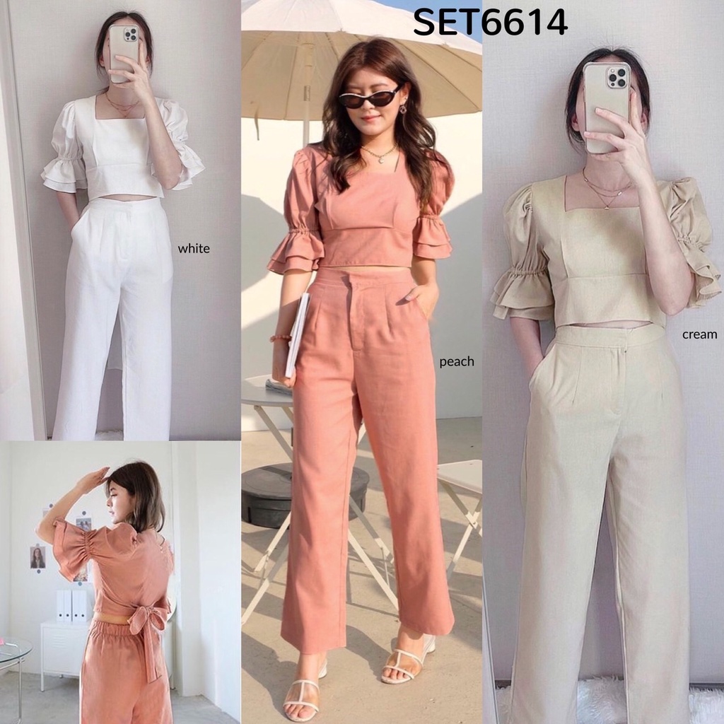 SET6614 Linen Double Ruffle Sleeves Top & Pants Set