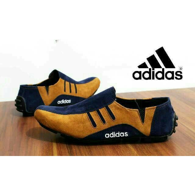 Sepatu Adidas Slip On Pria Casual Mocassins Slop Tan Navy Biru Dongker Kulit Suede