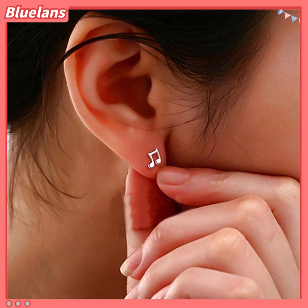 Bluelans 1 Pair Asymmetry Music Note Shape Mini Silver Plated Ear Studs