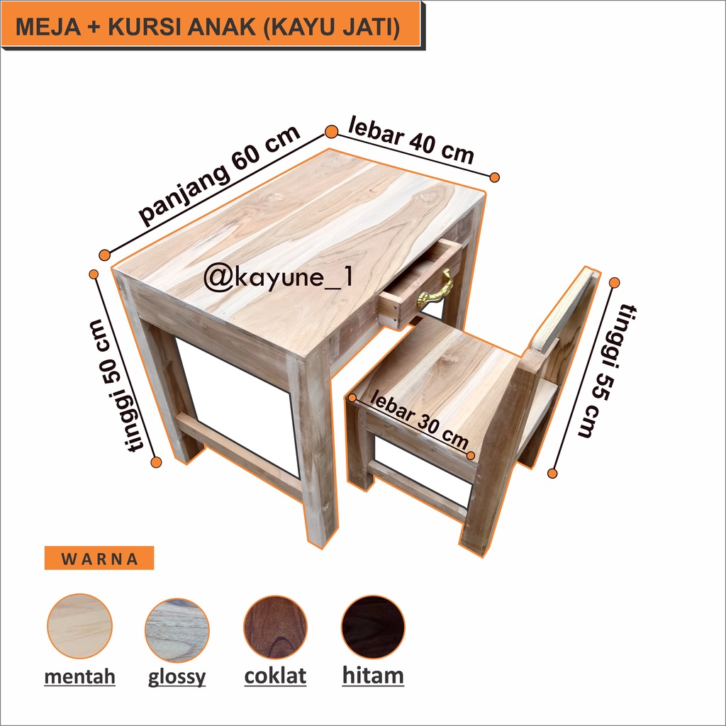 Meja Belajar Anak PAUD dan TK Satu Set Kursi Material Kayu Jati Jawa - dadaisme -
