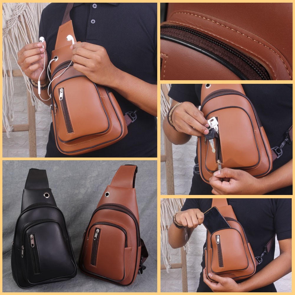 BIG SALE  ZUKO Waistbag - ESL01 / Tas Selempang / Sling Bag Pria + Port USB Warna Hitam &amp; Coklat