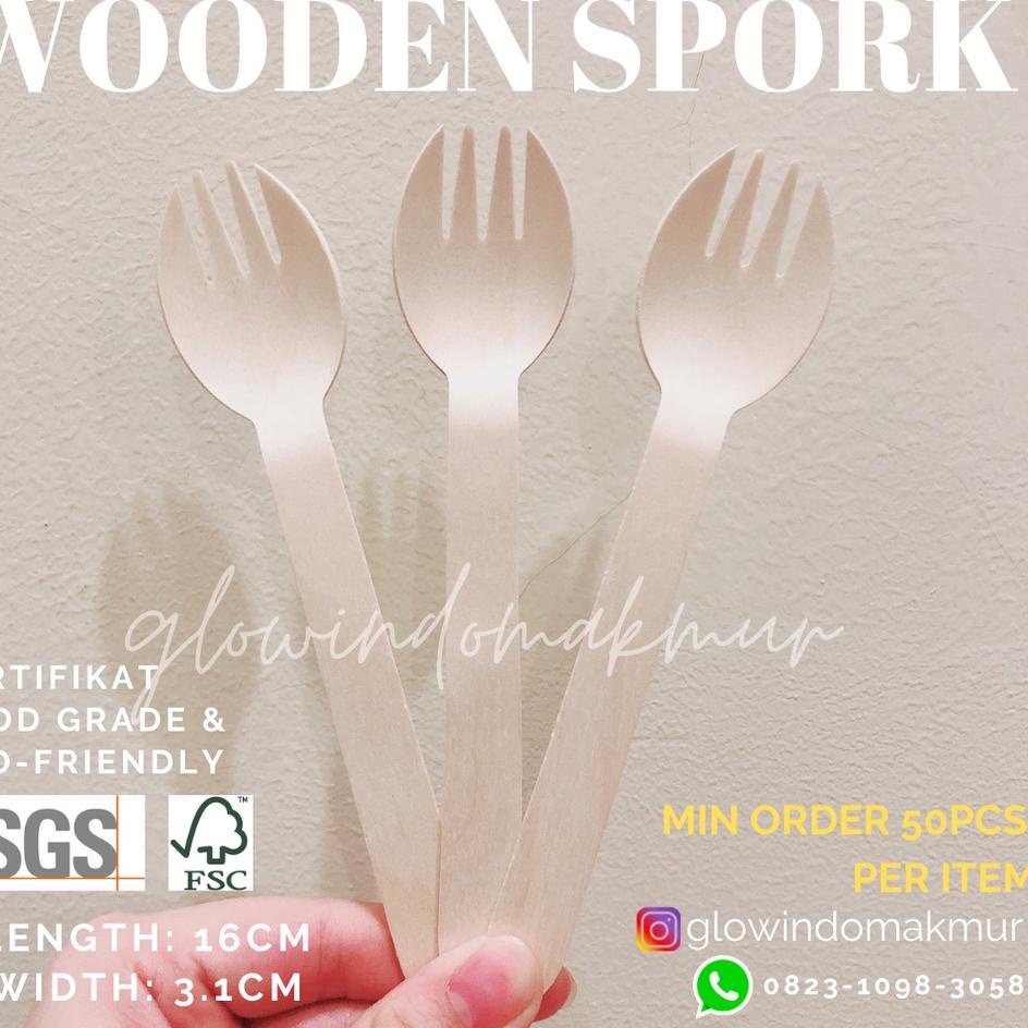 ✫ 100pcs Gase Kayu Spork Sendok Makan Kayu Garpu Makan Kayu Wooden Spoon Wooden Fork Wooden Spork ♩