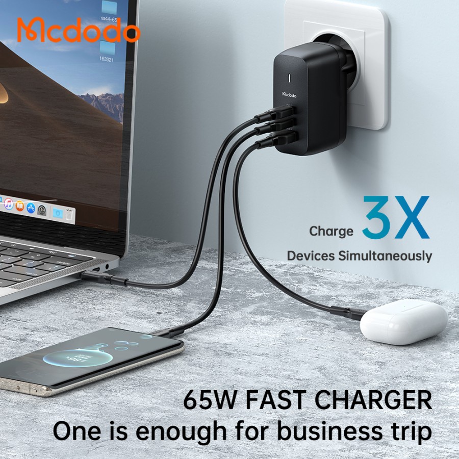 MCDODO CH-8442 Adaptor Charger Mini 65W GAN PD Dual Type C + USB + Cable Fast Charger Universal