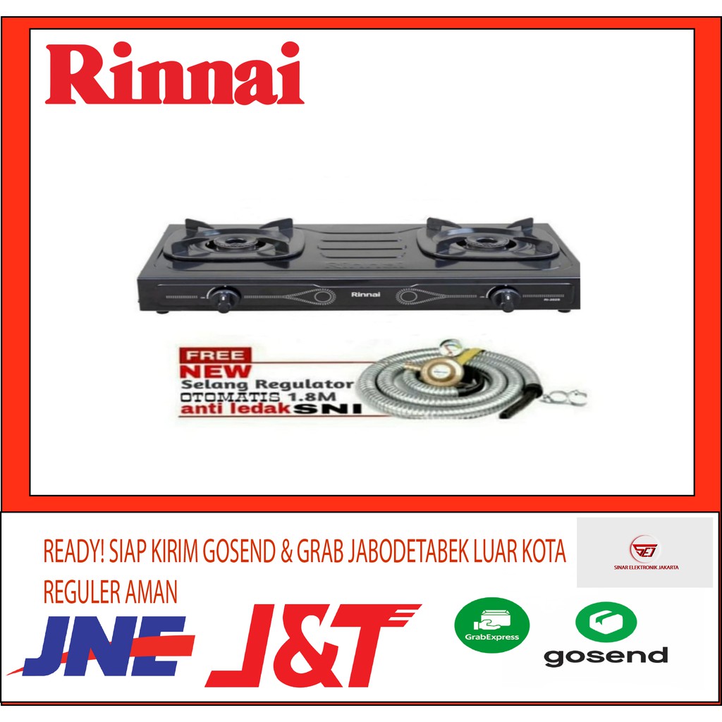 PROMO Rinnai RI 202S . Kompor Gas 2 Tungku + Selang Gas + Regulator Win 1.8M SNI. Baru &amp; Bergaransi Resmi