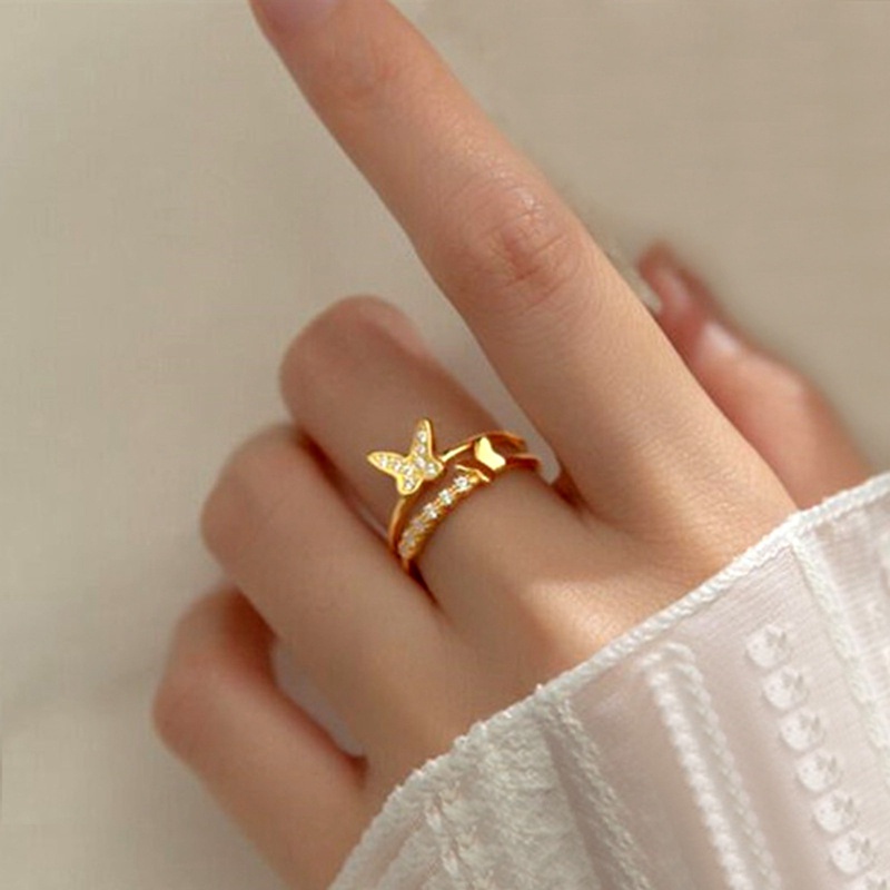 Fancyqube Cincin Sterling Silver 925 Model Terbuka Dapat Disesuaikan Bentuk Kupu-Kupu Bahan Cubic Zirconia Gaya Retro Butterfly