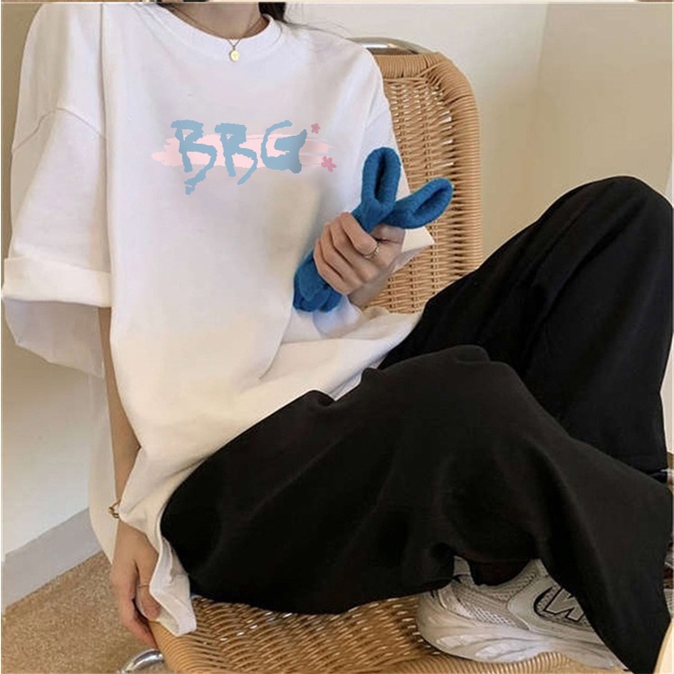 kaos atasan baggy wanita/crop top katun all-match baru/atasan wanita/atasan wanita warna putih