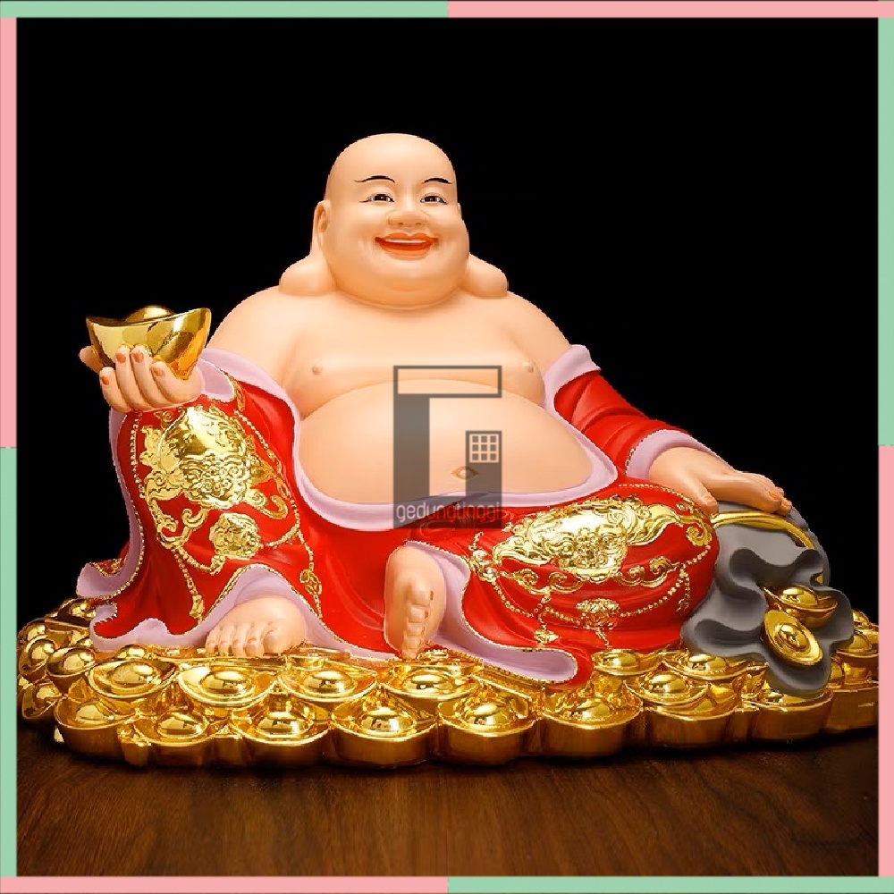 Patung Pajangan Hiasan Dekorasi Dewa Budha Buddha Julaihut Maitreya Matreiya Matreya Milefo Mi Le Fo Tertawa Hoki Rejeki Keberuntungan Yenpao Yuanbao Kantong Duit Uang Emas Meja Altar Hio Sembahyang Sembayang Hadiah Kado Imlek Sincia Cny 2023 Besar Jumbo