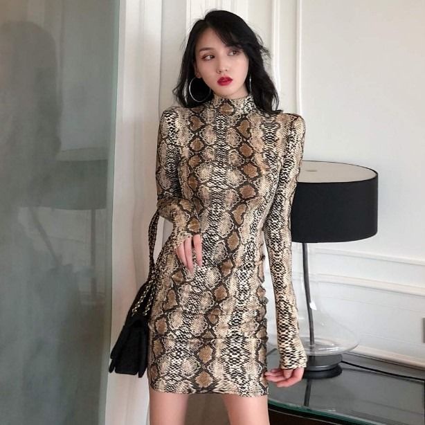 Dress Lengan Panjang Sablon Ular Seksi