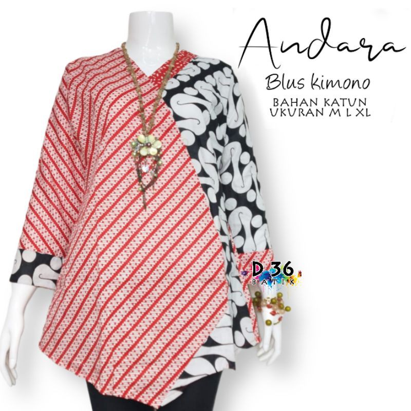 Blouse Blus katun halus andara Atasan Baju kimono aeragam seragaman wanita remaja abg putri cewek cewe motif batik kombinasi seragam seragaman kerja kantor kantoran kuliah sekolah trendy modis mode fashion muslim modern kekinian terbaru-Red klitik
