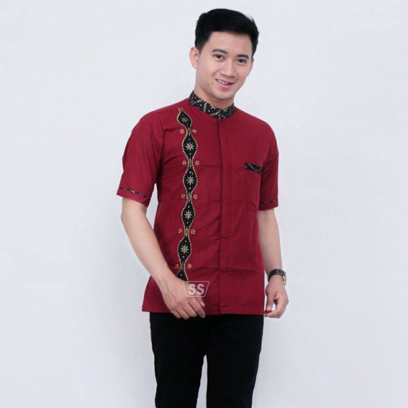 Baju Kemeja Batik Koko Kombinasi Semi Bordil Emas