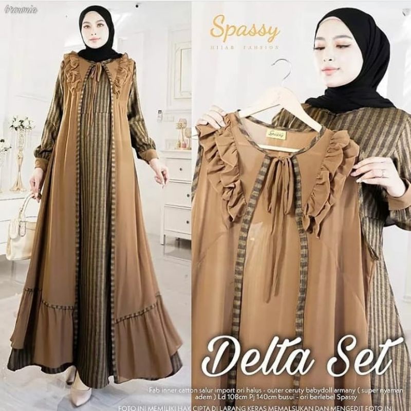 AS Delta set / setelan gamis plus outer rompi motif salur / gamis ld108 / gamis pesta / dress muslim