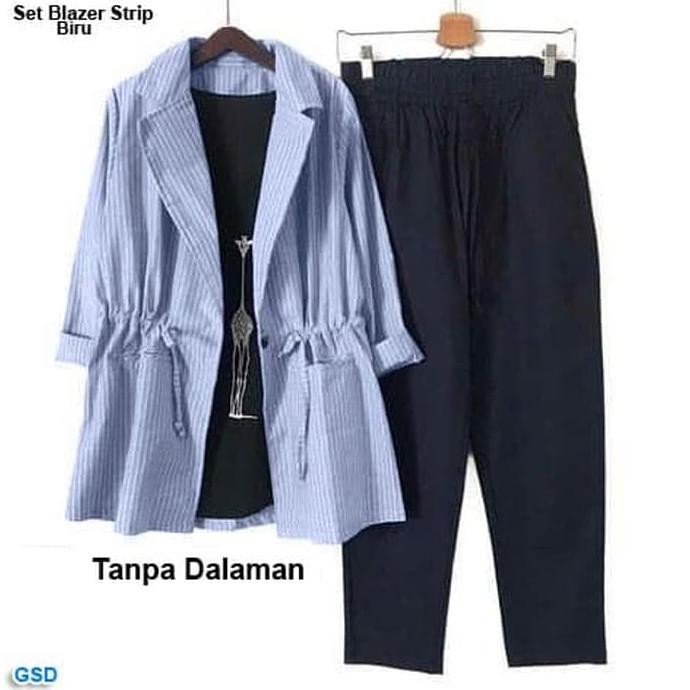 PRODUK TERBARU BAJU SETELAN BLAZER/SETELAN BAJU KANTOR-SET BLAZER STRIP - BIRU BAHAN HALUS