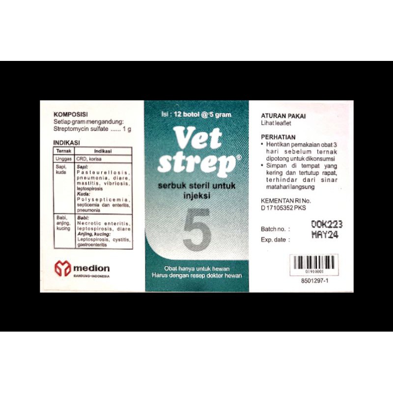 VET STREP 5 gram / CRD PERNAFASAN INFEKSI BAKTERI HEWAN SAPI KAMBING DOMBA KUDA AYAM UNGGAS / MEDION