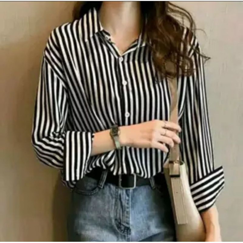 Kemeja Salur Wanita Bahan Monalisa/ Atasan Motif Salur Full Kancing