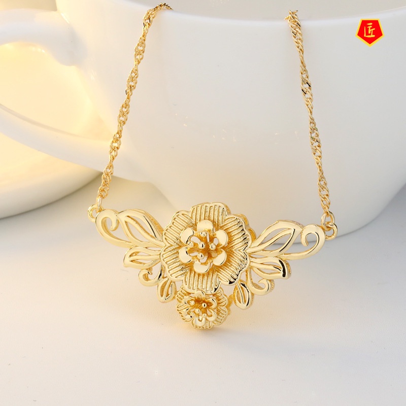 [Ready Stock]Gold Stud Earrings Vintage Flower Jewelry Necklace Set for Women