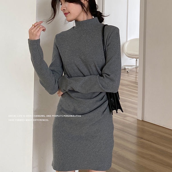 dress gaya korea hitam turtleneck beludru bottoming tas rok hip dress wanita pinggang ramping rok pe