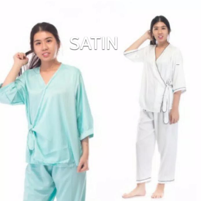 Piyama Kimono Lengan Panjang Satin - Satin Putih