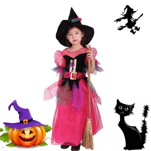 KOSTUM COSPLAY HALLOWEEN PINK WITCH NENEK SIHIR SET TOPI