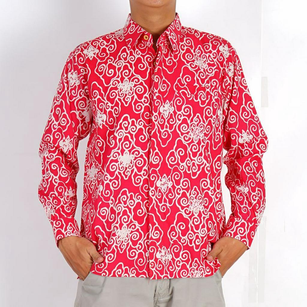 BATIK TRUSMI Kemeja Pria Lengan Panjang Batik Pria Motif Mega Mendung Wadasan Merah