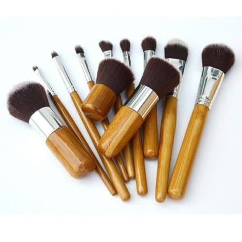 [COD] 11pcs Kabuki Wooden Brush | Kuas Make Up Gagang Kayu Bulu Super Lembut dengan Pouch Lucu